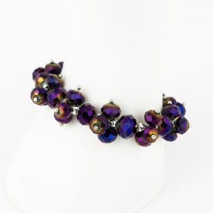 Purple Beaded Stretch Bracelet Oil Slick Sheen Sparkle Faceted Glass Silver Tone